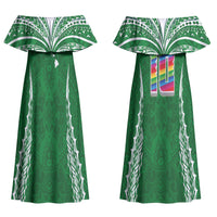 Custom Hawaii Rainbow Warriors Couples Matching Off Shoulder Maxi Dress and Long Sleeve Button Shirt Polynesian Motif Green Color