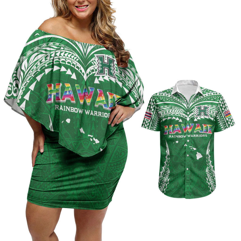 Custom Hawaii Rainbow Warriors Couples Matching Off Shoulder Short Dress and Hawaiian Shirt Polynesian Motif Green Color