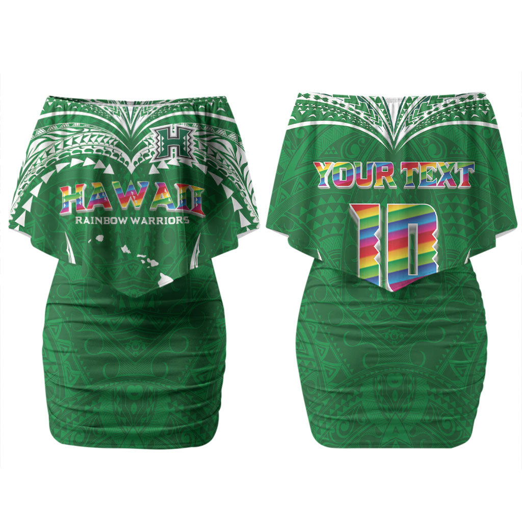 Custom Hawaii Rainbow Warriors Couples Matching Off Shoulder Short Dress and Hawaiian Shirt Polynesian Motif Green Color