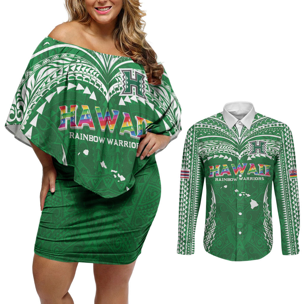 Custom Hawaii Rainbow Warriors Couples Matching Off Shoulder Short Dress and Long Sleeve Button Shirt Polynesian Motif Green Color