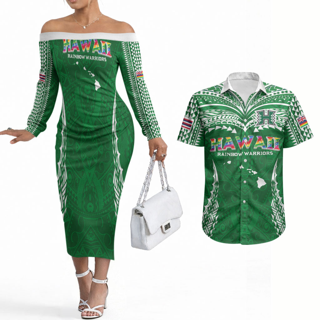 Custom Hawaii Rainbow Warriors Couples Matching Off The Shoulder Long Sleeve Dress and Hawaiian Shirt Polynesian Motif Green Color