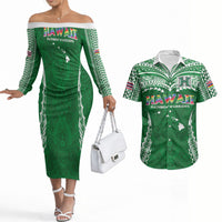 Custom Hawaii Rainbow Warriors Couples Matching Off The Shoulder Long Sleeve Dress and Hawaiian Shirt Polynesian Motif Green Color
