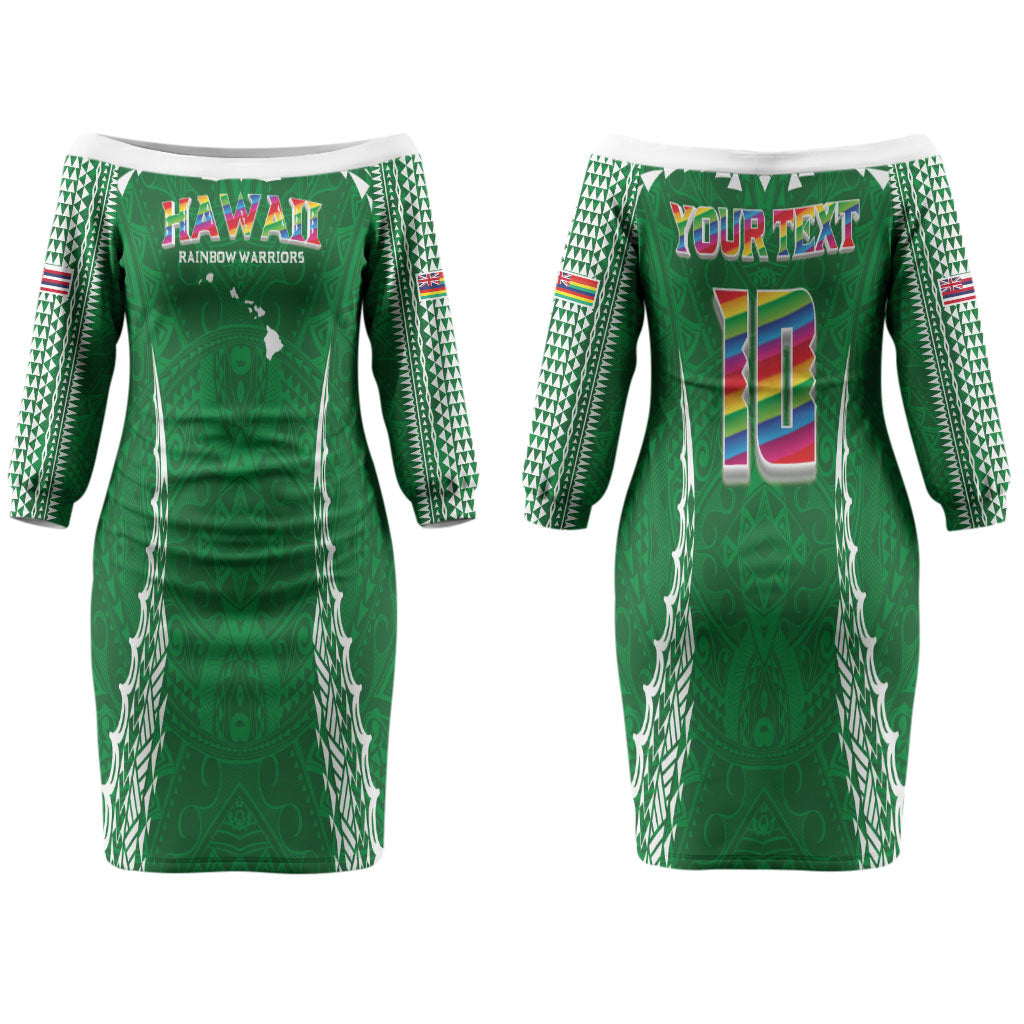 Custom Hawaii Rainbow Warriors Couples Matching Off The Shoulder Long Sleeve Dress and Hawaiian Shirt Polynesian Motif Green Color