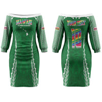 Custom Hawaii Rainbow Warriors Couples Matching Off The Shoulder Long Sleeve Dress and Hawaiian Shirt Polynesian Motif Green Color