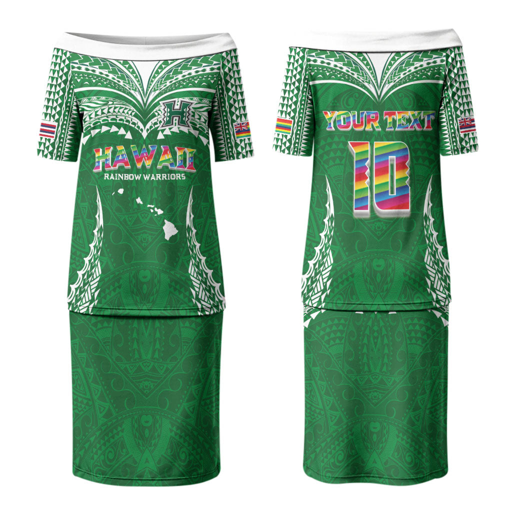Custom Hawaii Rainbow Warriors Couples Matching Puletasi and Hawaiian Shirt Polynesian Motif Green Color
