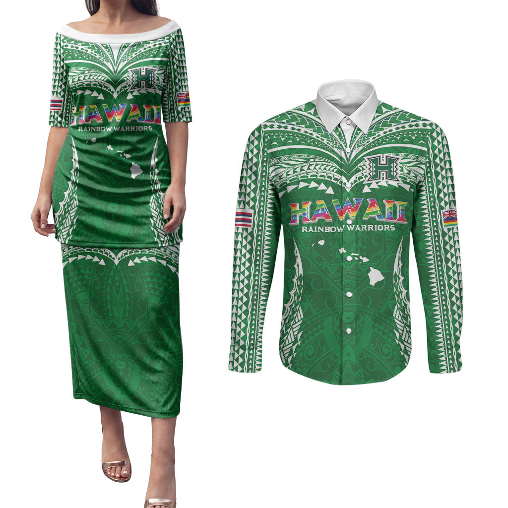 Custom Hawaii Rainbow Warriors Couples Matching Puletasi and Long Sleeve Button Shirt Polynesian Motif Green Color