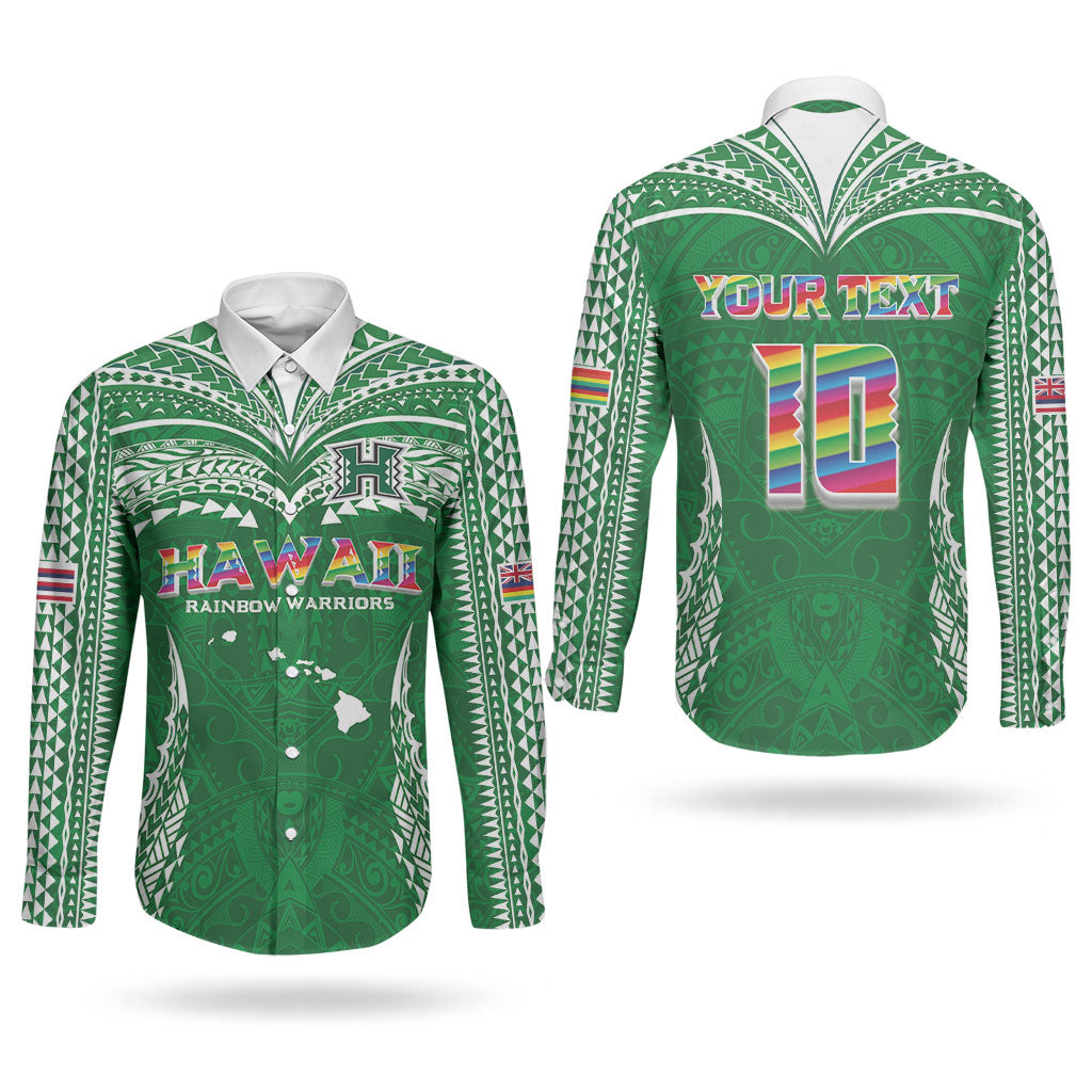 Custom Hawaii Rainbow Warriors Couples Matching Puletasi and Long Sleeve Button Shirt Polynesian Motif Green Color