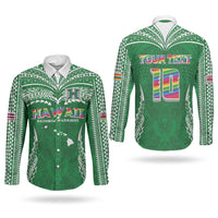 Custom Hawaii Rainbow Warriors Couples Matching Puletasi and Long Sleeve Button Shirt Polynesian Motif Green Color