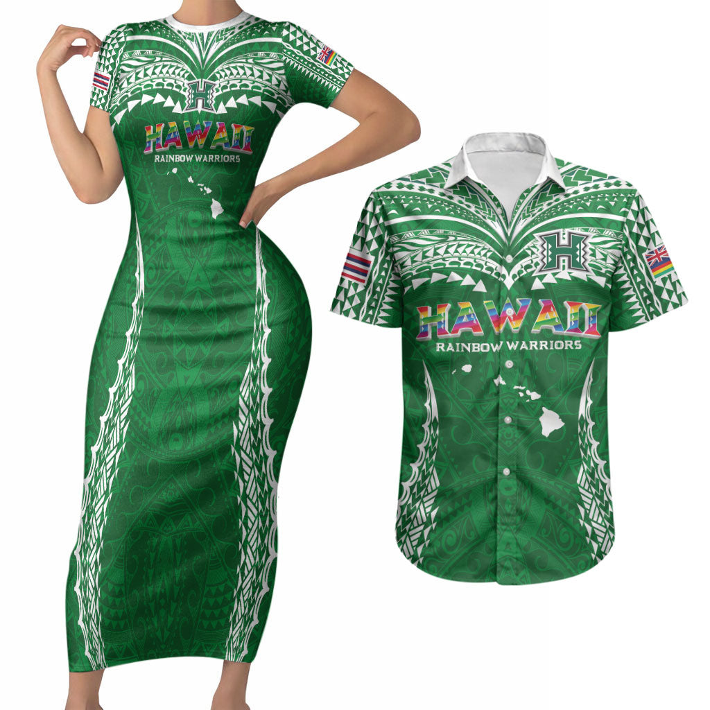 Custom Hawaii Rainbow Warriors Couples Matching Short Sleeve Bodycon Dress and Hawaiian Shirt Polynesian Motif Green Color
