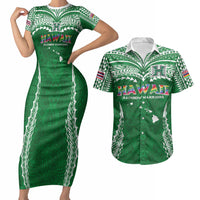 Custom Hawaii Rainbow Warriors Couples Matching Short Sleeve Bodycon Dress and Hawaiian Shirt Polynesian Motif Green Color