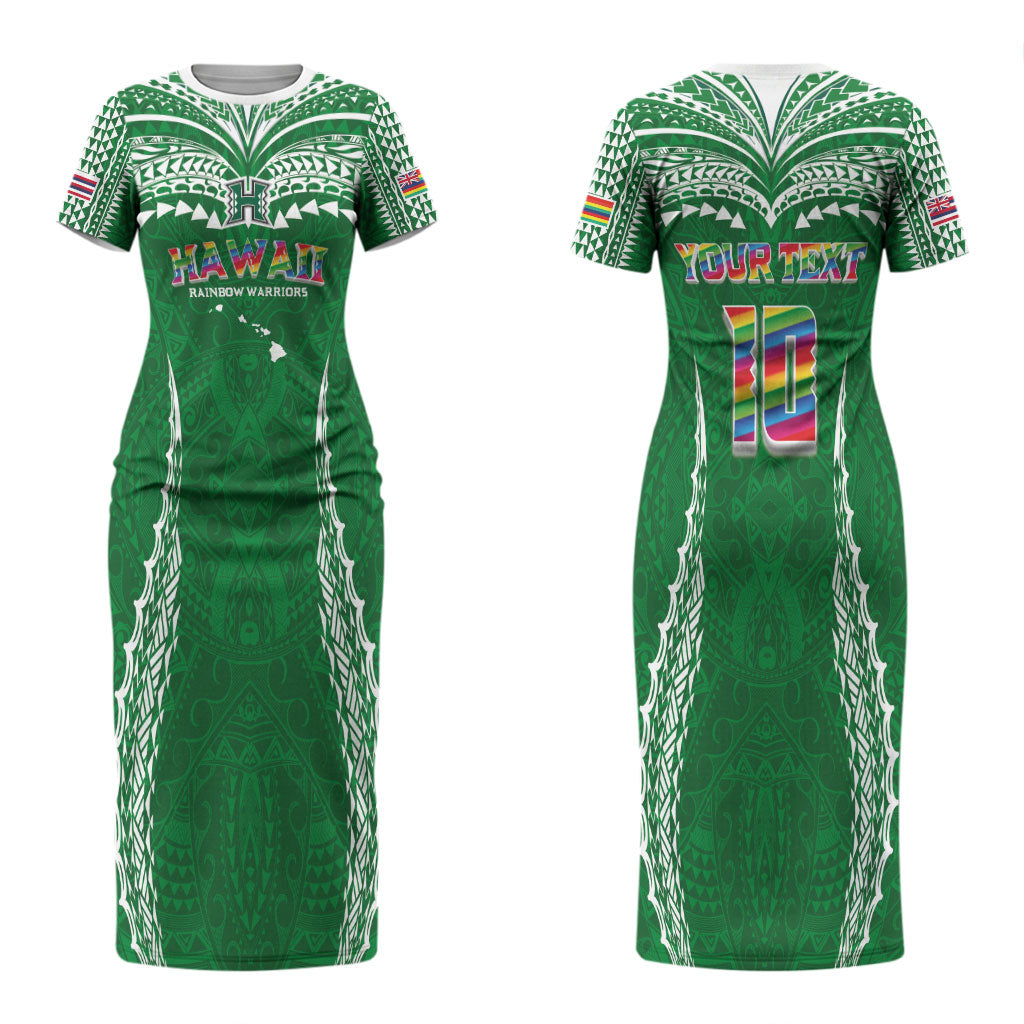 Custom Hawaii Rainbow Warriors Couples Matching Short Sleeve Bodycon Dress and Hawaiian Shirt Polynesian Motif Green Color