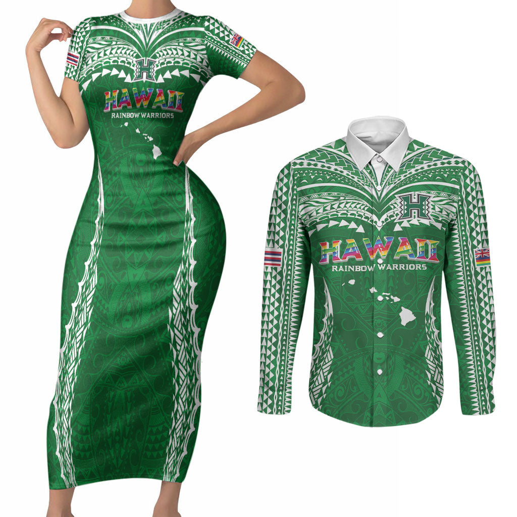 Custom Hawaii Rainbow Warriors Couples Matching Short Sleeve Bodycon Dress and Long Sleeve Button Shirt Polynesian Motif Green Color