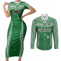 Custom Hawaii Rainbow Warriors Couples Matching Short Sleeve Bodycon Dress and Long Sleeve Button Shirt Polynesian Motif Green Color