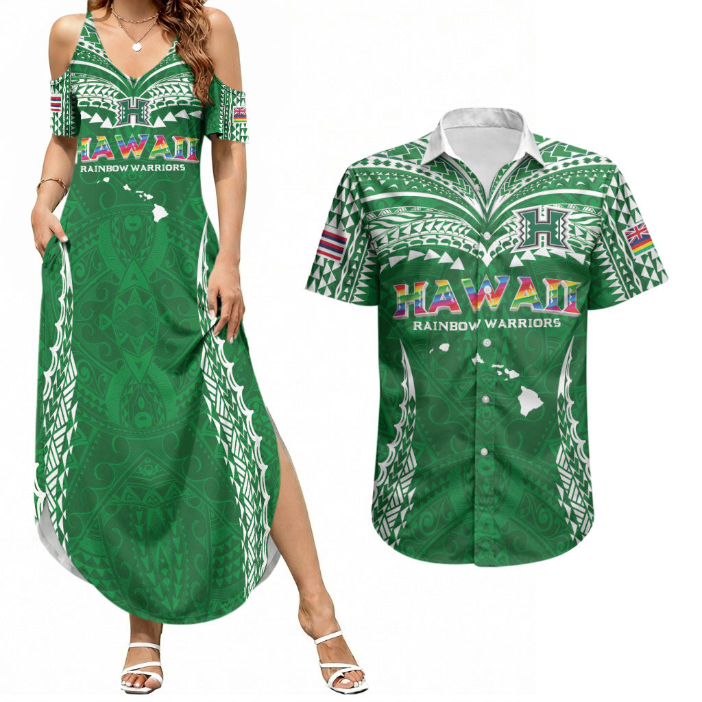 Custom Hawaii Rainbow Warriors Couples Matching Summer Maxi Dress and Hawaiian Shirt Polynesian Motif Green Color