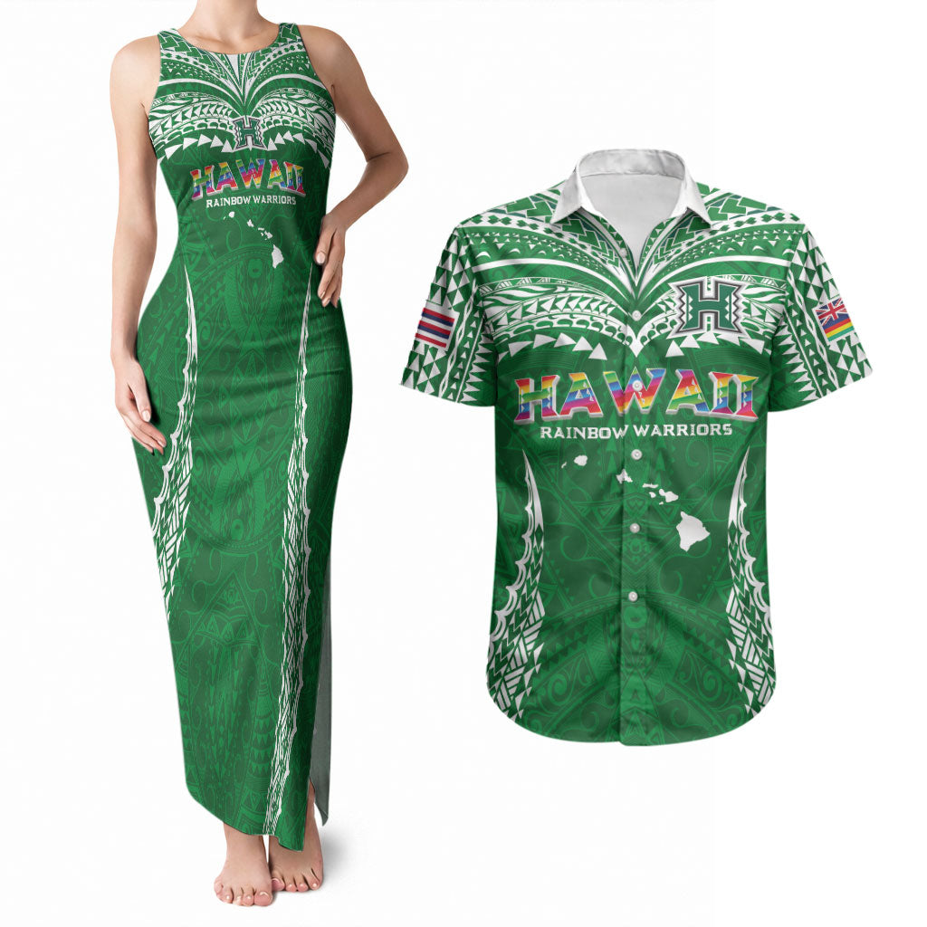 Custom Hawaii Rainbow Warriors Couples Matching Tank Maxi Dress and Hawaiian Shirt Polynesian Motif Green Color