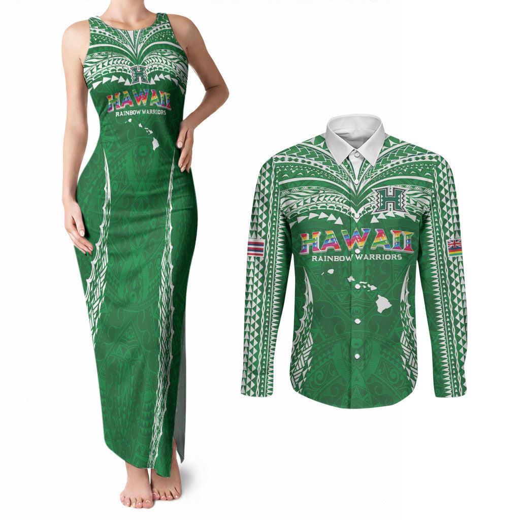 Custom Hawaii Rainbow Warriors Couples Matching Tank Maxi Dress and Long Sleeve Button Shirt Polynesian Motif Green Color