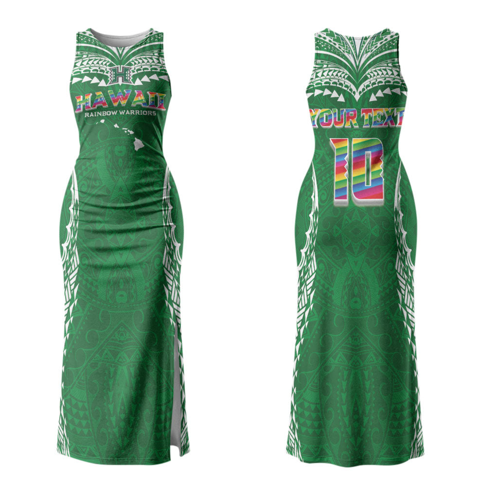 Custom Hawaii Rainbow Warriors Couples Matching Tank Maxi Dress and Long Sleeve Button Shirt Polynesian Motif Green Color