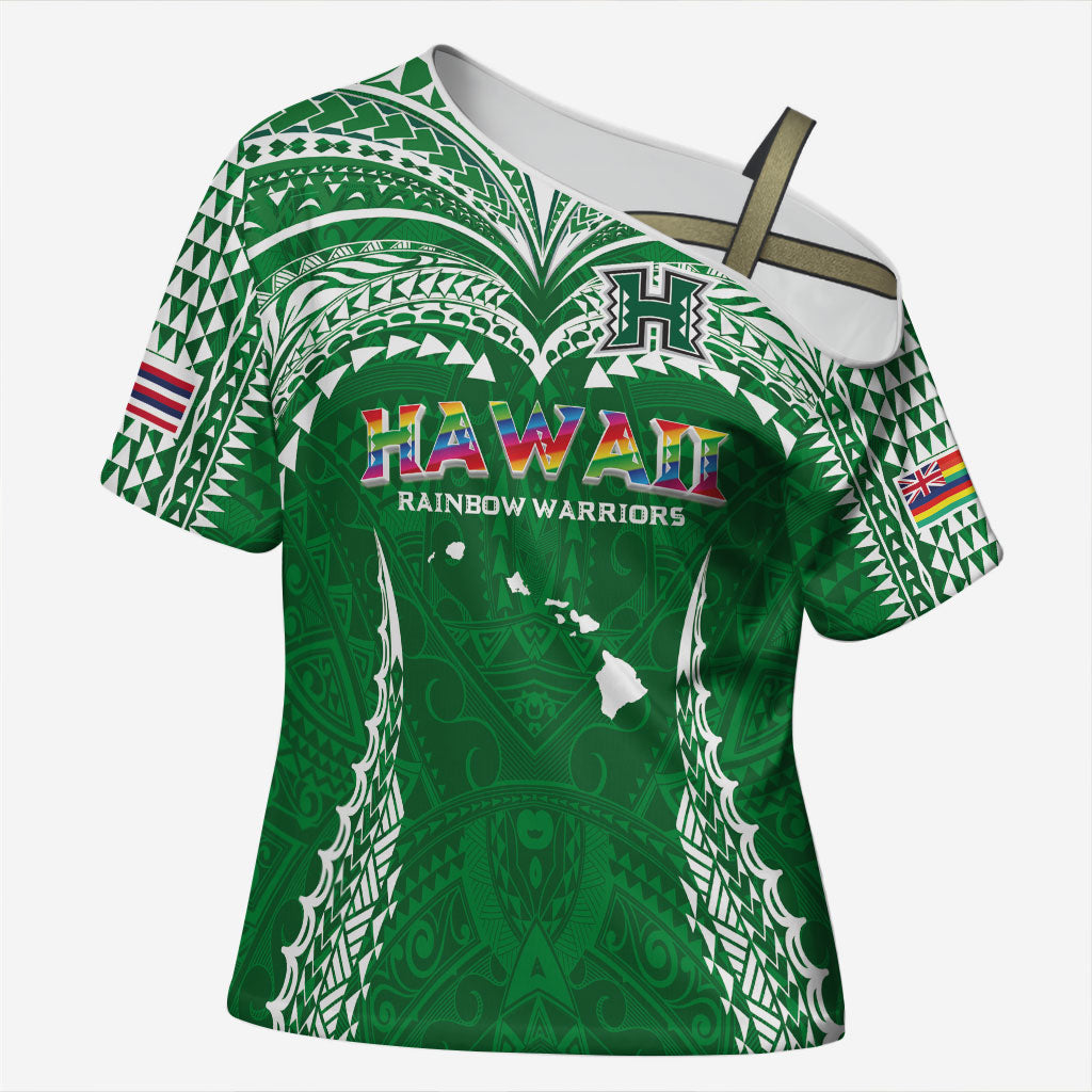 Custom Hawaii Rainbow Warriors Cross Shoulder Shirt Polynesian Motif Green Color