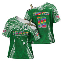 Custom Hawaii Rainbow Warriors Cross Shoulder Shirt Polynesian Motif Green Color
