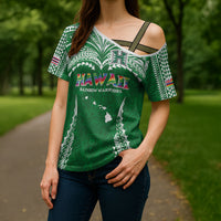 Custom Hawaii Rainbow Warriors Cross Shoulder Shirt Polynesian Motif Green Color