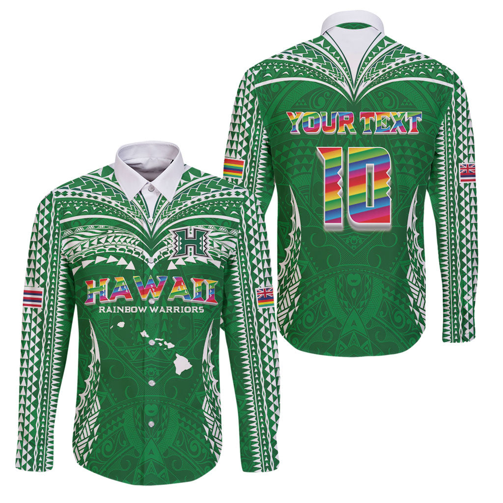 Custom Hawaii Rainbow Warriors Family Matching Long Sleeve Bodycon Dress and Hawaiian Shirt Polynesian Motif Green Color