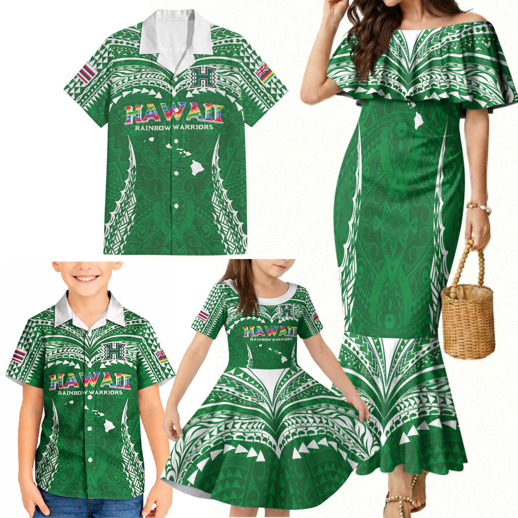 Custom Hawaii Rainbow Warriors Family Matching Mermaid Dress and Hawaiian Shirt Polynesian Motif Green Color