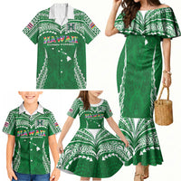 Custom Hawaii Rainbow Warriors Family Matching Mermaid Dress and Hawaiian Shirt Polynesian Motif Green Color