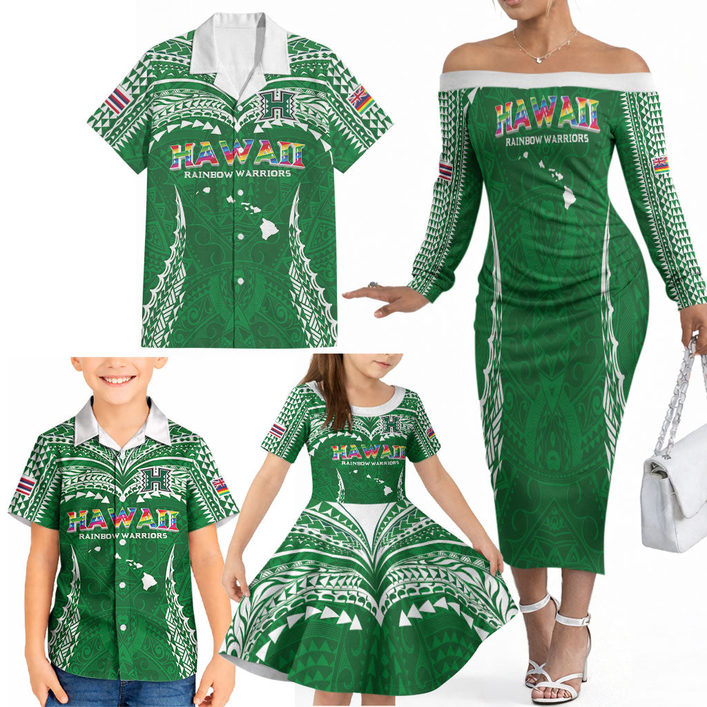 Custom Hawaii Rainbow Warriors Family Matching Off The Shoulder Long Sleeve Dress and Hawaiian Shirt Polynesian Motif Green Color