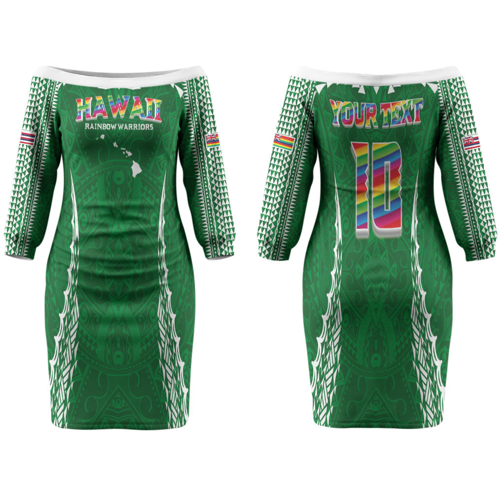 Custom Hawaii Rainbow Warriors Family Matching Off The Shoulder Long Sleeve Dress and Hawaiian Shirt Polynesian Motif Green Color