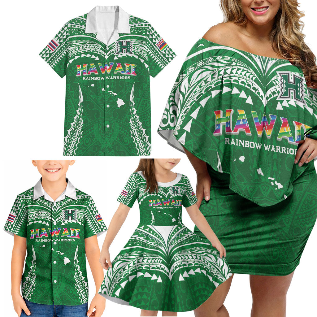 Custom Hawaii Rainbow Warriors Family Matching Off Shoulder Short Dress and Hawaiian Shirt Polynesian Motif Green Color