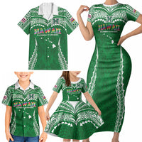 Custom Hawaii Rainbow Warriors Family Matching Short Sleeve Bodycon Dress and Hawaiian Shirt Polynesian Motif Green Color