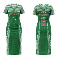 Custom Hawaii Rainbow Warriors Family Matching Short Sleeve Bodycon Dress and Hawaiian Shirt Polynesian Motif Green Color