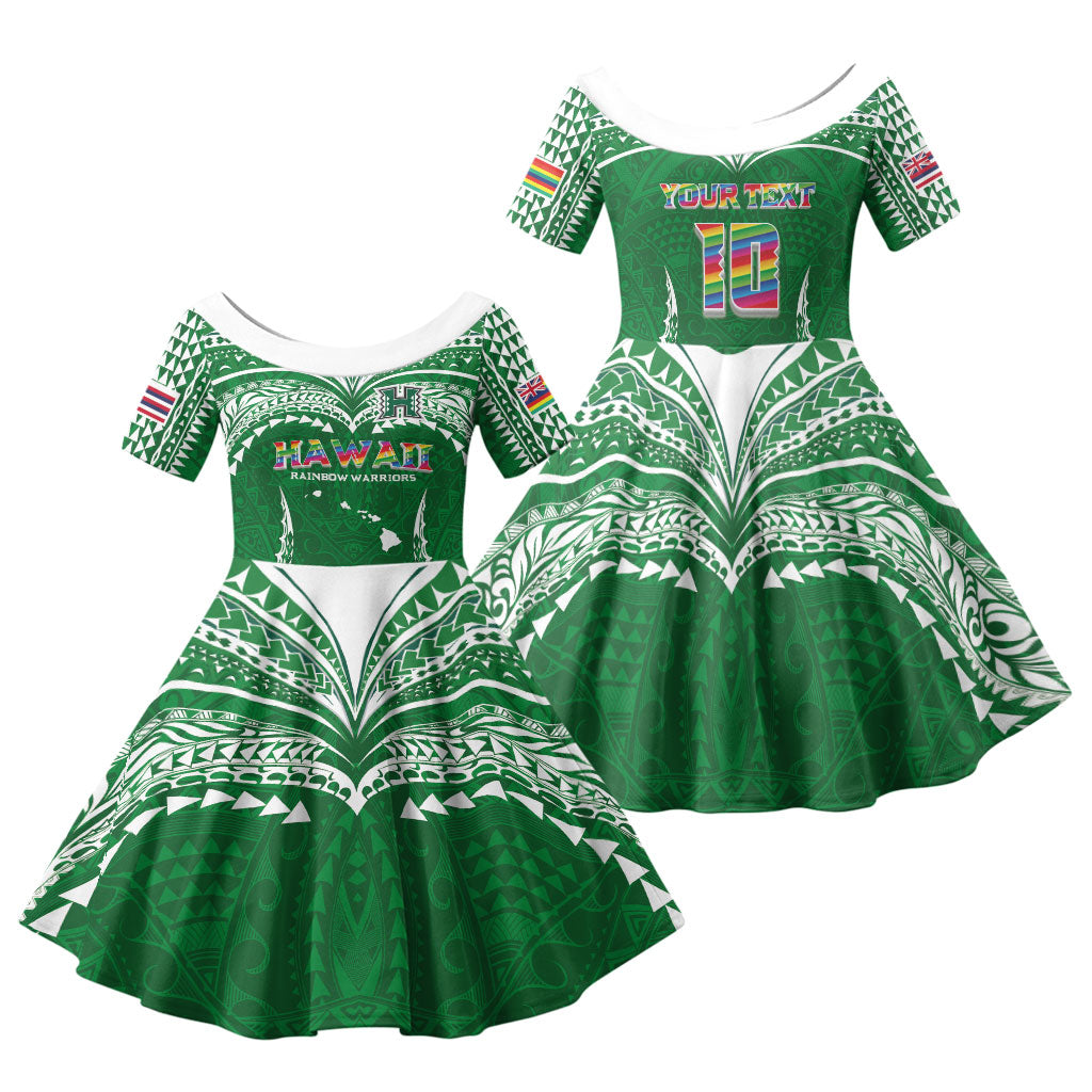 Custom Hawaii Rainbow Warriors Family Matching Short Sleeve Bodycon Dress and Hawaiian Shirt Polynesian Motif Green Color