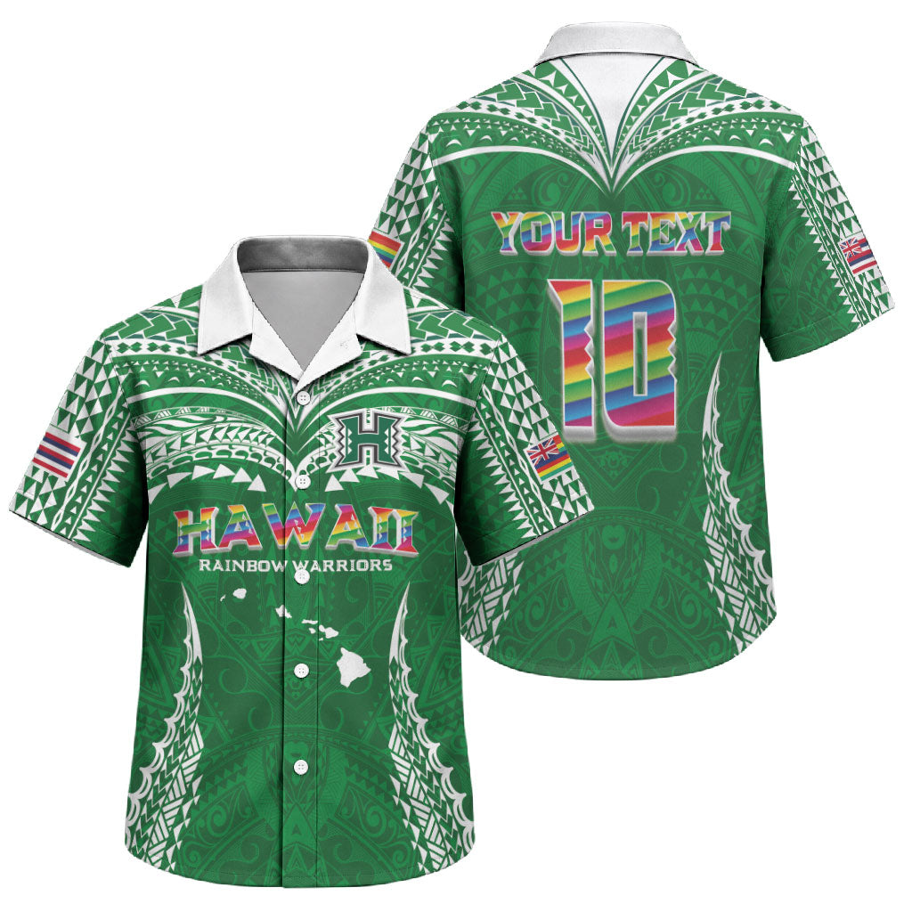 Custom Hawaii Rainbow Warriors Family Matching Short Sleeve Bodycon Dress and Hawaiian Shirt Polynesian Motif Green Color