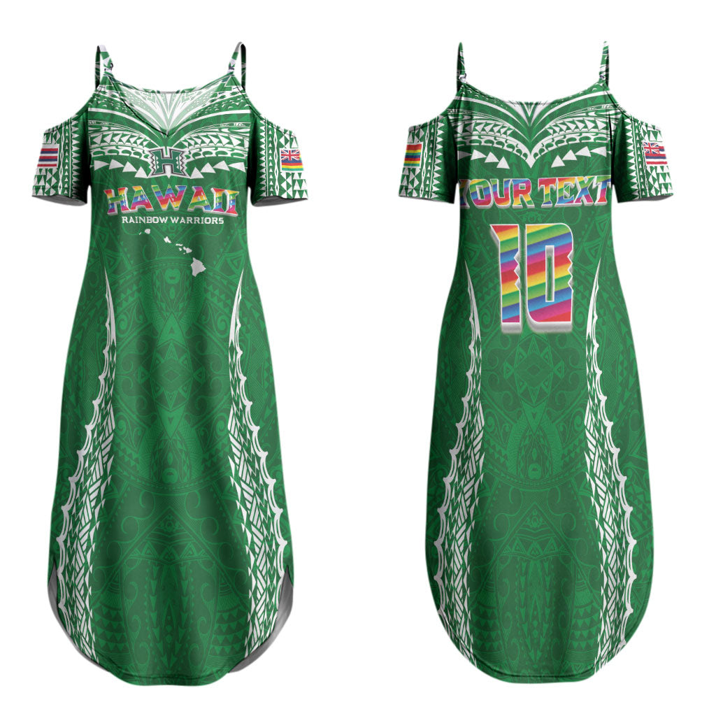 Custom Hawaii Rainbow Warriors Family Matching Summer Maxi Dress and Hawaiian Shirt Polynesian Motif Green Color