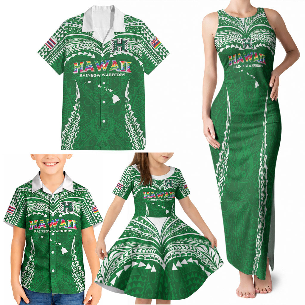 Custom Hawaii Rainbow Warriors Family Matching Tank Maxi Dress and Hawaiian Shirt Polynesian Motif Green Color