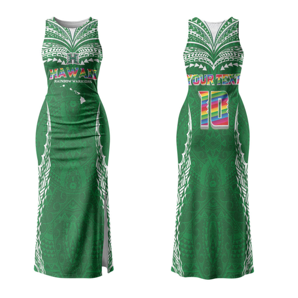 Custom Hawaii Rainbow Warriors Family Matching Tank Maxi Dress and Hawaiian Shirt Polynesian Motif Green Color