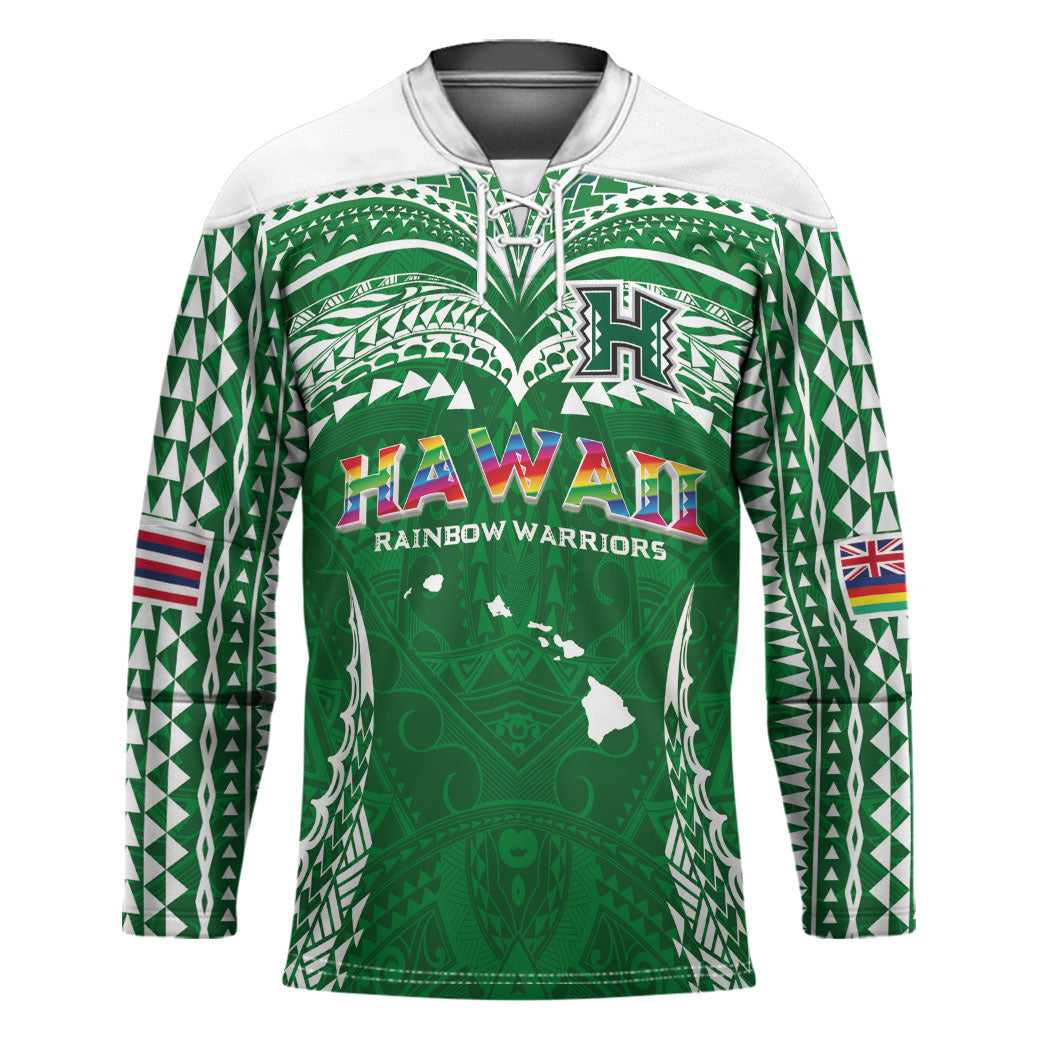 Custom Hawaii Rainbow Warriors Hockey Jersey Polynesian Motif Green Color