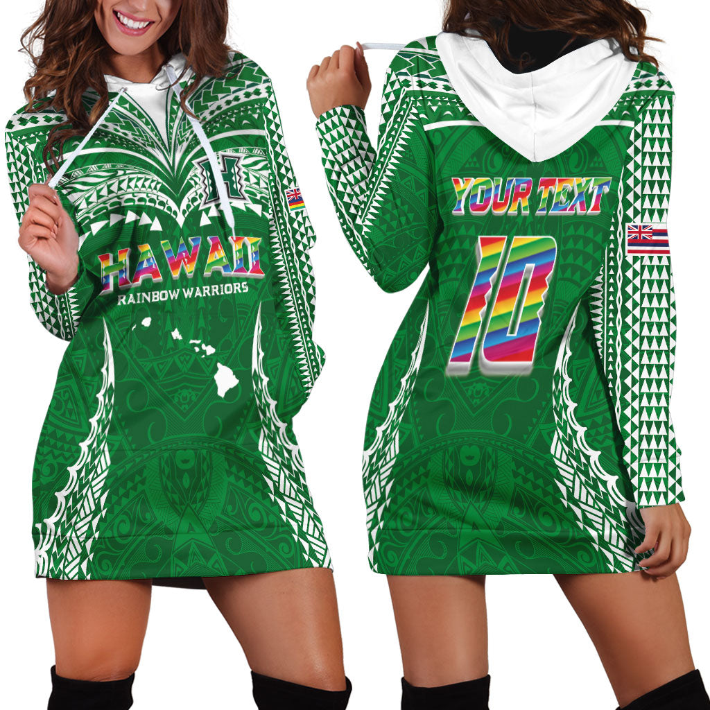 Custom Hawaii Rainbow Warriors Hoodie Dress Polynesian Motif Green Color
