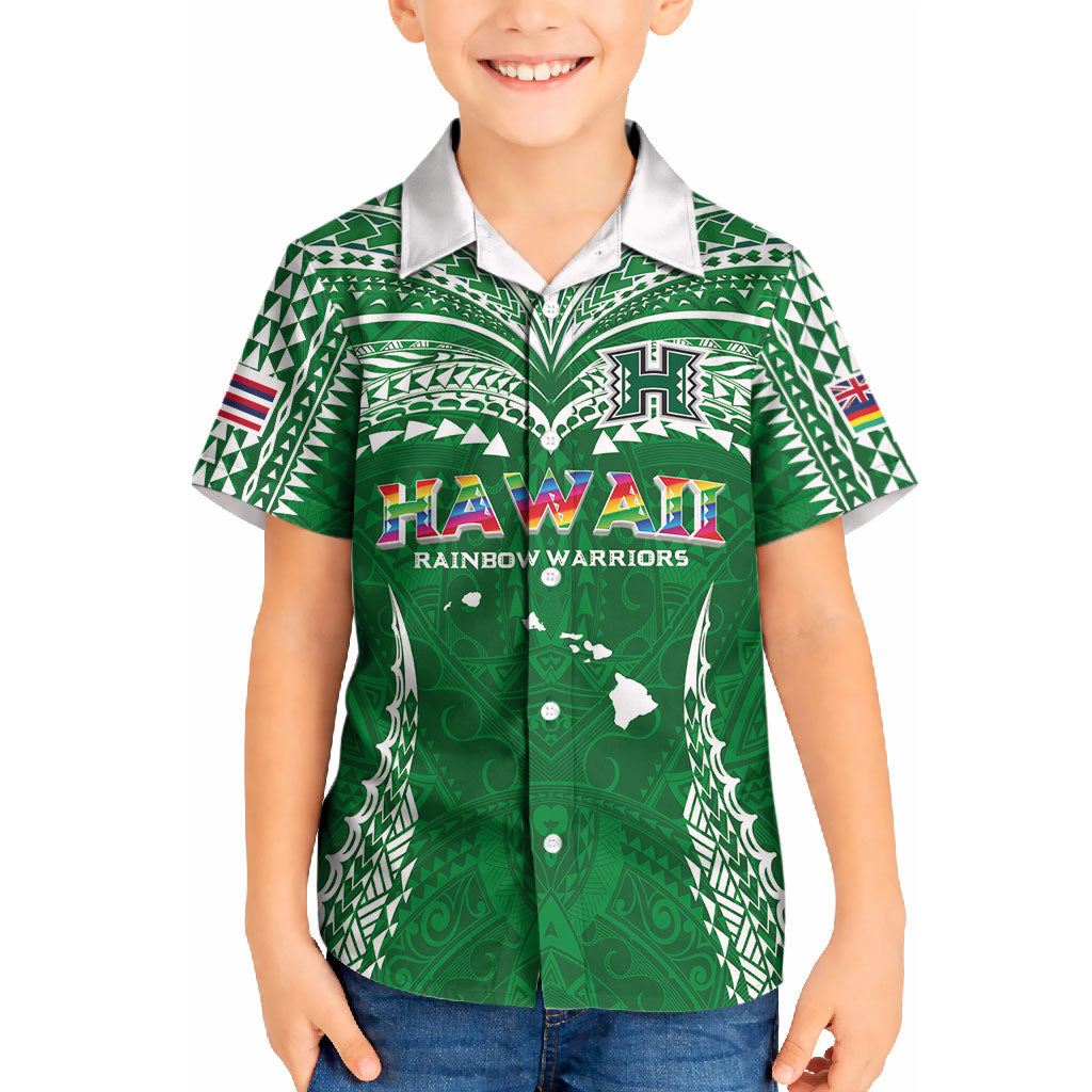 Custom Hawaii Rainbow Warriors Kid Hawaiian Shirt Polynesian Motif Green Color
