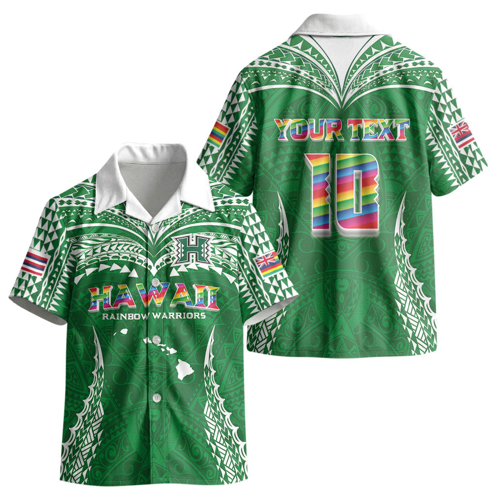 Custom Hawaii Rainbow Warriors Kid Hawaiian Shirt Polynesian Motif Green Color