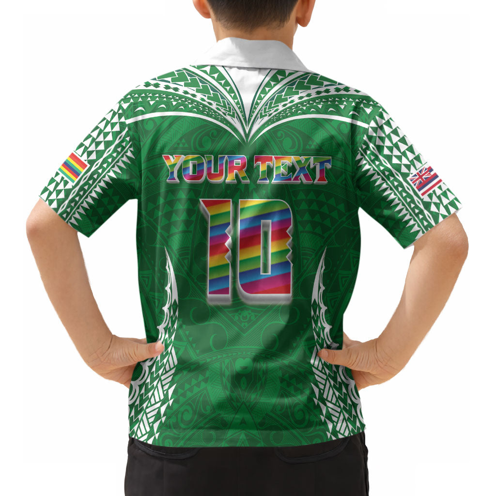 Custom Hawaii Rainbow Warriors Kid Hawaiian Shirt Polynesian Motif Green Color