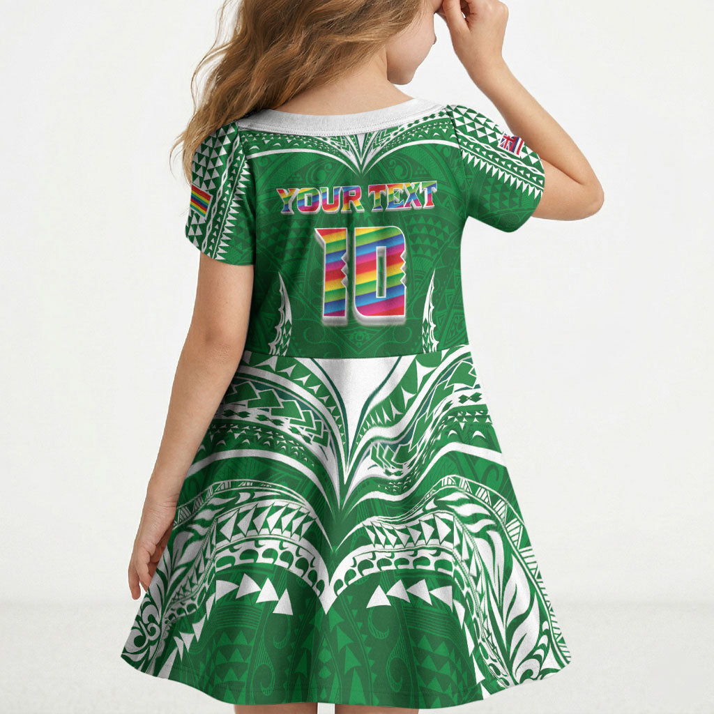 Custom Hawaii Rainbow Warriors Kid Short Sleeve Dress Polynesian Motif Green Color