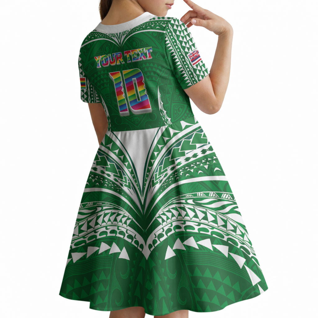 Custom Hawaii Rainbow Warriors Kid Short Sleeve Dress Polynesian Motif Green Color
