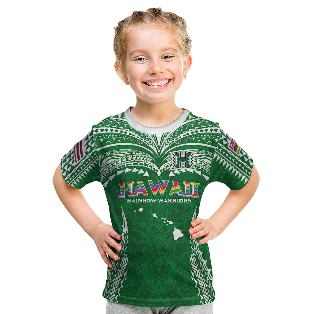 Custom Hawaii Rainbow Warriors Kid T Shirt Polynesian Motif Green Color