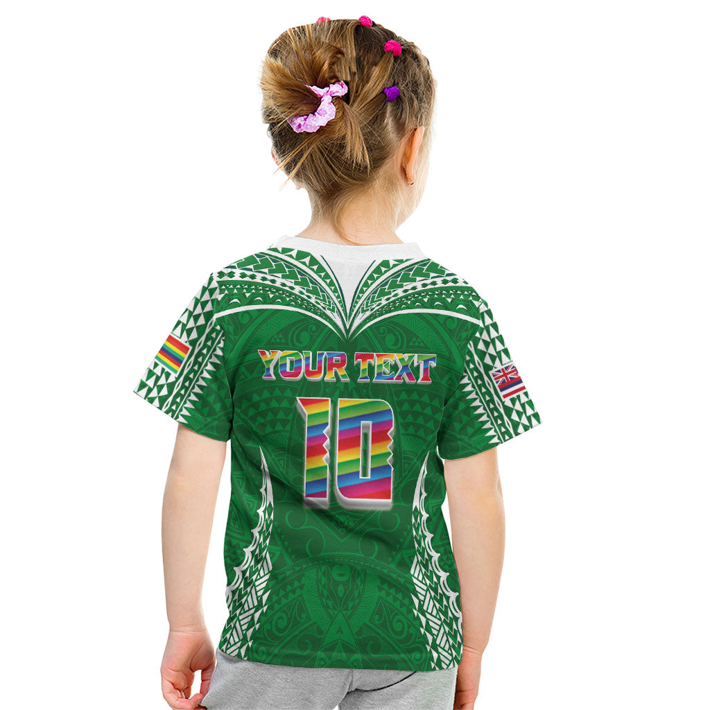 Custom Hawaii Rainbow Warriors Kid T Shirt Polynesian Motif Green Color