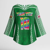 Custom Hawaii Rainbow Warriors Kimono Sleeve Blouse Polynesian Motif Green Color