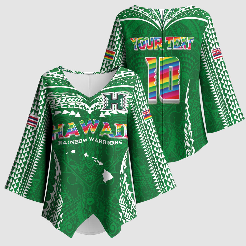 Custom Hawaii Rainbow Warriors Kimono Sleeve Blouse Polynesian Motif Green Color