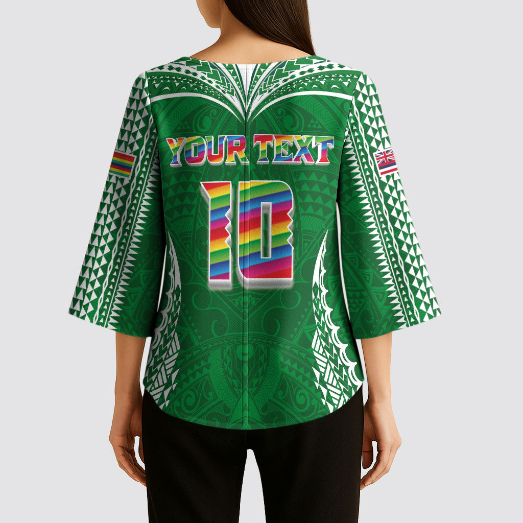 Custom Hawaii Rainbow Warriors Kimono Sleeve Blouse Polynesian Motif Green Color