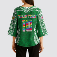Custom Hawaii Rainbow Warriors Kimono Sleeve Blouse Polynesian Motif Green Color
